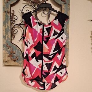 Pink Black Graphic Asymmetrical Blouse. NWT Size MED